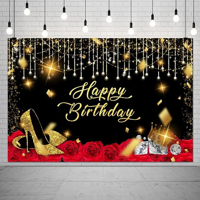 12x10ft Gold and Black Happy Birthday Backdrop Large Glitter Sequin High Heels Diamond Wine Red Rose Photography Background for Women Party Decorations Banner Photo Booth Backdrops
