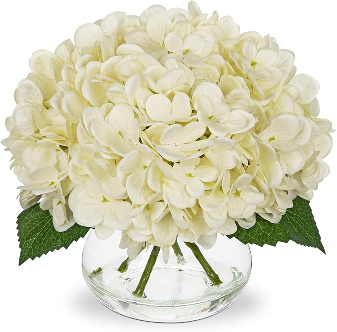 Hollyone Ivory White Hydrangea Artificial Flowers with Glass Vase Green Silk Faux Flowers Arrangements in Vase with Faux Water Fake Floral Bulk Bouquet for Home Decor Table Centerpiece Decorations