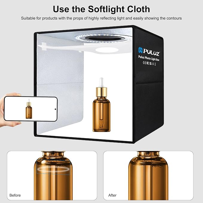 PULUZ 12x12 inch Professional Light Box Photography, Portable Folding Dimmable Shooting Tent Kit with CRI >95 White Lighting 120 LEDs Beads with 6 Colors Photo Backdrops for Products Display