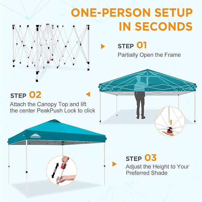 EAGLE PEAK Pop Up Canopy Tent with Wheeled Carry Bag, 8 Stakes, 4 Ropes, 4 Weight Bags, Easy Set Up Tent Canopy, 12x12 ft, 144sqft of Shade, Turquoise