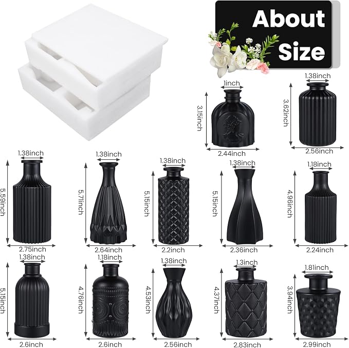 TBWIND 12pcs Glass Black Bud Vases Set, Small Vases for Flowers, Bud Vase for Centerpieces in Bulk, Mini Vintage Vase for Rustic Wedding Decorations, Office and Home Table Flower Décor