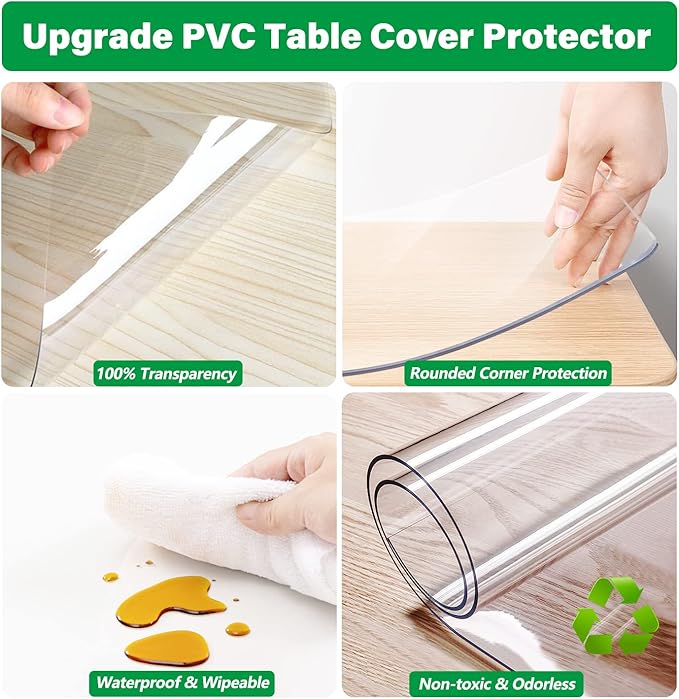 Rectangle Clear Table Protector Plastic PVC Glass Tablecloth Protective Cover Pad Table Cloth Tabletop Dining Table Cover Coffee Table Protector Vinyl Desk Cover Mat 42X64 Inch 1.5mm Thick