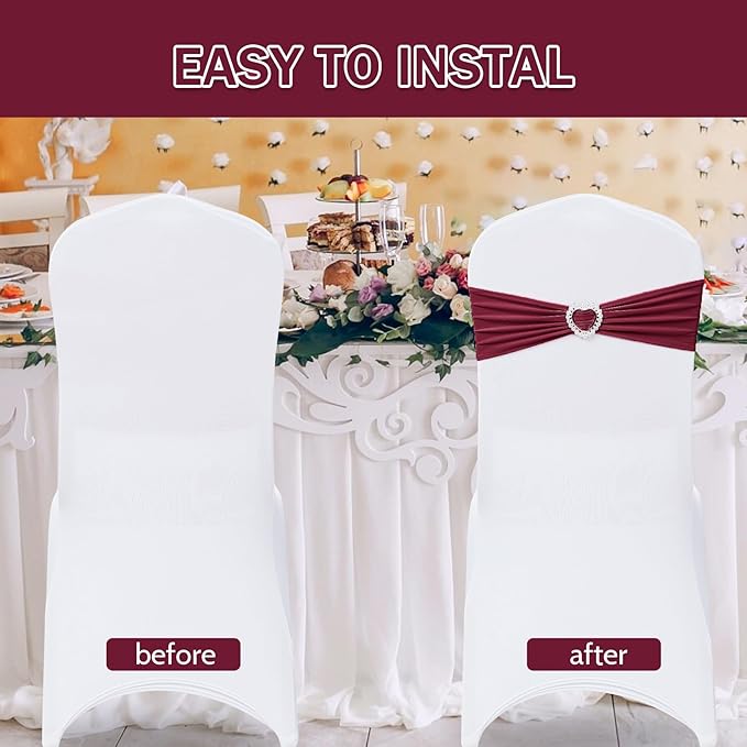Howhic Pack of 60 Spandex Chair Sashes Bows Stretch Cover Band with Buckle Slider Universal Elastic Chair Ties for Wedding Banquet Party Event Decoration (Burgundy)