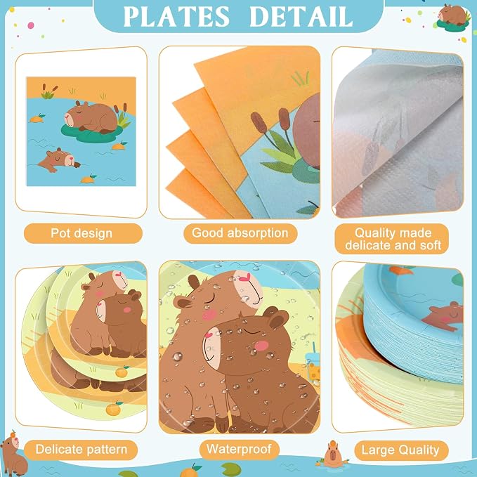 Funnymoom 452 Pcs Capybara Birthday Decorations for 50, Capybara Paper Plates Napkins Cups Cutlery Tablecloth Cutlery Straws for Cute Animal Tableware Birthday Party Supplies