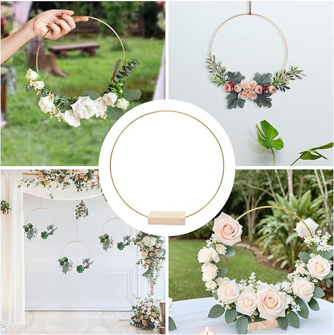 25Pcs 12 Inch Metal Floral Hoop Centerpiece with Stand for Table, Metal Macrame Gold Wreath Ring with 25Pcs Holders Stand for DIY Wedding Decor Wall Hanging Dream Catcher Crafts