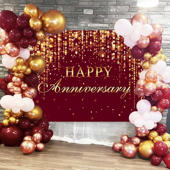 Sensfun Happy Anniversary Backdrop Burgundy Gold Glitter Marriage Wedding Party Decorations Banner Shining Flowing Curtain Happily Ever After Anniversary Sign Photography Background Photo Booth 8x6ft