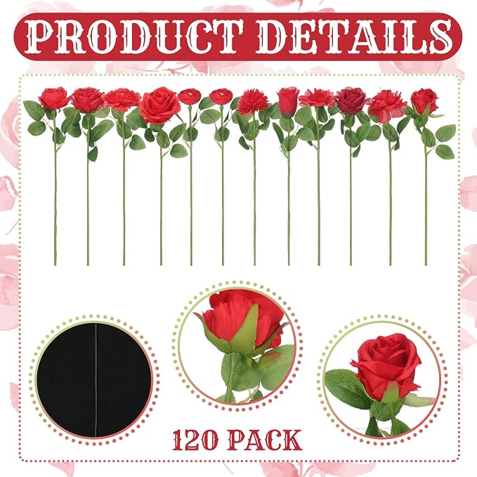 Lyrow 120 Pack Red Roses Artificial Flowers Bulk Hanging Floating Garland Fake Red Rose Vine for Ceiling Decoration Wedding Anniversary Bridal Bouquet DIY Floral Arrangement Proposal Romantic Decor