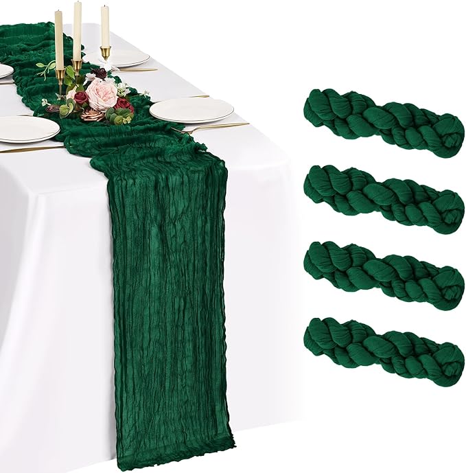 4 Pack Cheesecloth Table Runner 10FT Emerald Green Table Runner Boho Gauze Cheese Cloth Table Runners Long Rustic Sheer Table Decorations for Wedding Party Baby Bridal Shower Birthday Holiday Home
