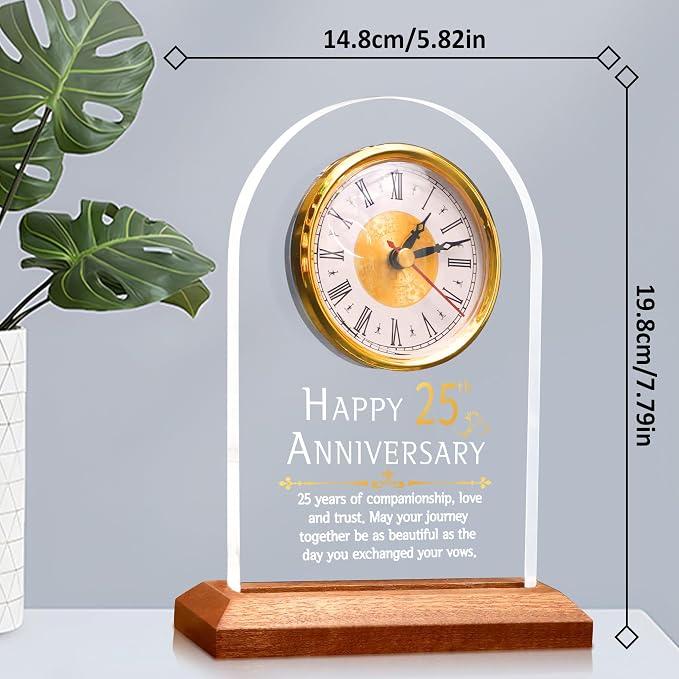 OkiyiD Light Up 25th Anniversary Wedding Gifts Quartz Clock with Wooden Base,25 Years Silver Wedding for Couple,Parents,Soft Warm White Lighting 25th Anniversary Decoration Gifts