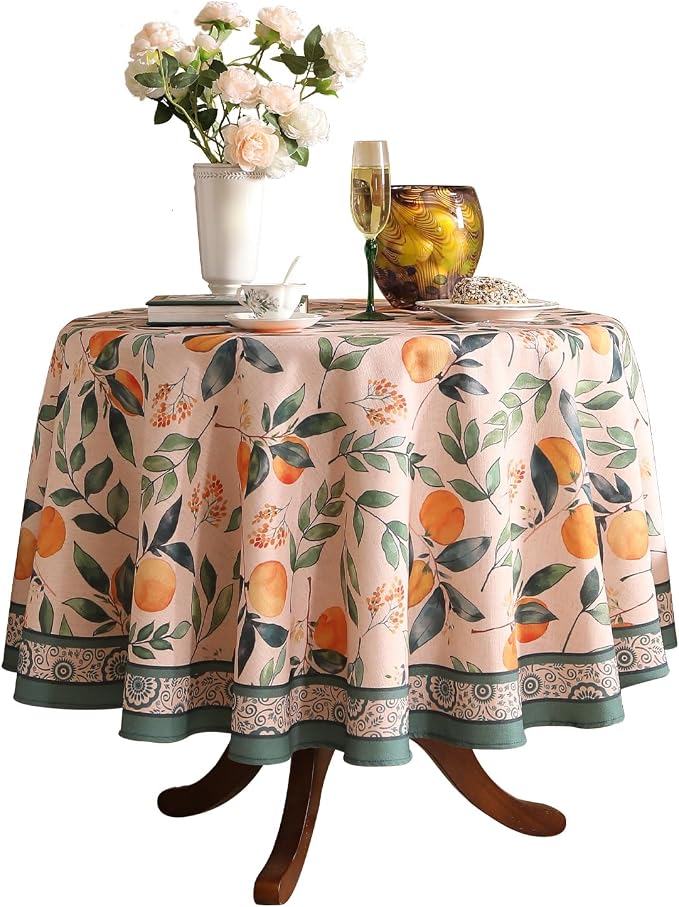 patdrea Designer French Linen Tablecloth,Round,Diameter 67"-Palladin A | Colorful Elegant Table Cloth for Round Table,Orange Floral Patterned,for Dining Room Tea Party Thanksgiving