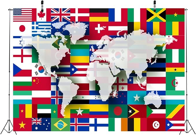 BELECO 9X6ft Fabric World Flags Backdrop World Map International Flag Country Flags Background for Themed Party Decorations Home Decor Photo Booth Studio Props