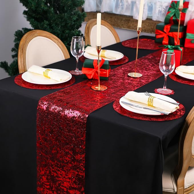 Snowkingdom 2Pcs Red Table Runner Roll Sequin Glitter Metallic Foil Sparkly Mesh Lace 108 Inches Centerpieces Table Decoration for Romantic Wedding Anniversary Birthday Hibachi Christmas Holiday Party