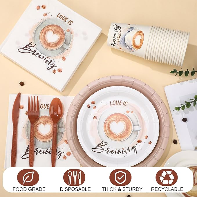Yungyan 252 Pcs Love Is Brewing Coffee Bridal Shower Party Tableware Set Love Is Brewing Plates Napkins Cups Cutlery for Coffee Lovers Bachelorette Party Decorations Supplies 36 Guests