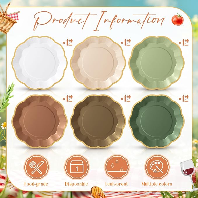 72 Pcs Woodland Paper Plates 9 Inch Green and Brown Gradient Scalloped Paper Disposable Dinner Dessert Plates for Birthday Wedding Bridal Party Supplies, 6 Colors