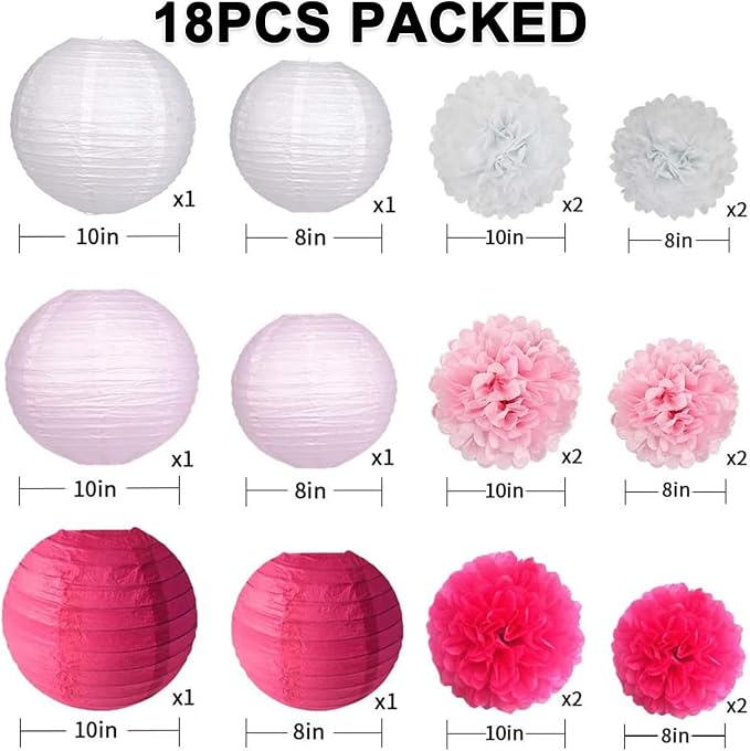 Celehappy Pink Paper Lanterns - Party Decorations Tissue Pom Poms for Weddings Birthdays - 18pcs Hanging Lanterns - Pink/White/Rose