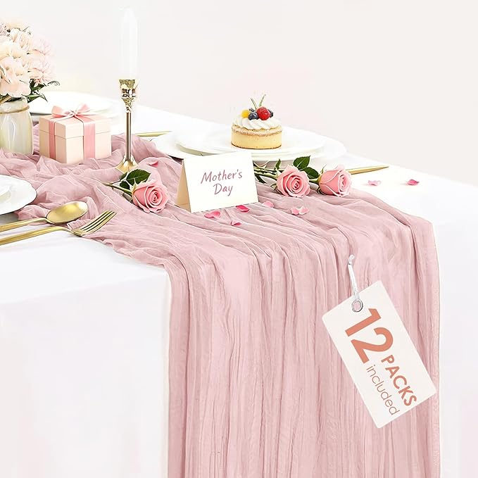 12 Pack Dusty Pink Cheesecloth Table Runner 35x120 Inches Spring Summer Boho 10FT Sheer Pink Cheese Cloth Table Runner for Wedding Baby Shower Tea Party Boho Home Decorations