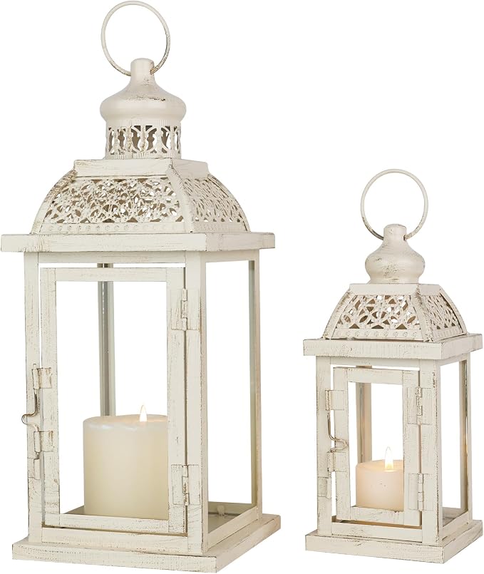 Large Lantern Decorative Outdoor & Indoor, Set of 2 (14’’&10’’) Metal Candle Lanterns Decor, Vintage Hanging Candle Holder for Front Porch Patio Wedding Farmhouse Home, Spring Decoration