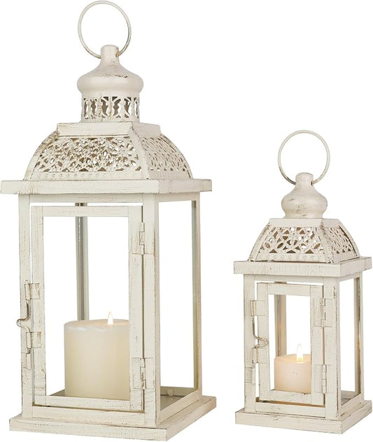 Large Lantern Decorative Outdoor & Indoor, Set of 2 (14’’&10’’) Metal Candle Lanterns Decor, Vintage Hanging Candle Holder for Front Porch Patio Wedding Farmhouse Home, Spring Decoration