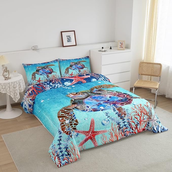 Feelyou Sea Turtle Comforter Set Twin Size Kids Starfish Comforter for Boys Girls Teens Ocean Themed Bedding Set Sea Underwater World Duvet Set Marine Life Sealife Quilt