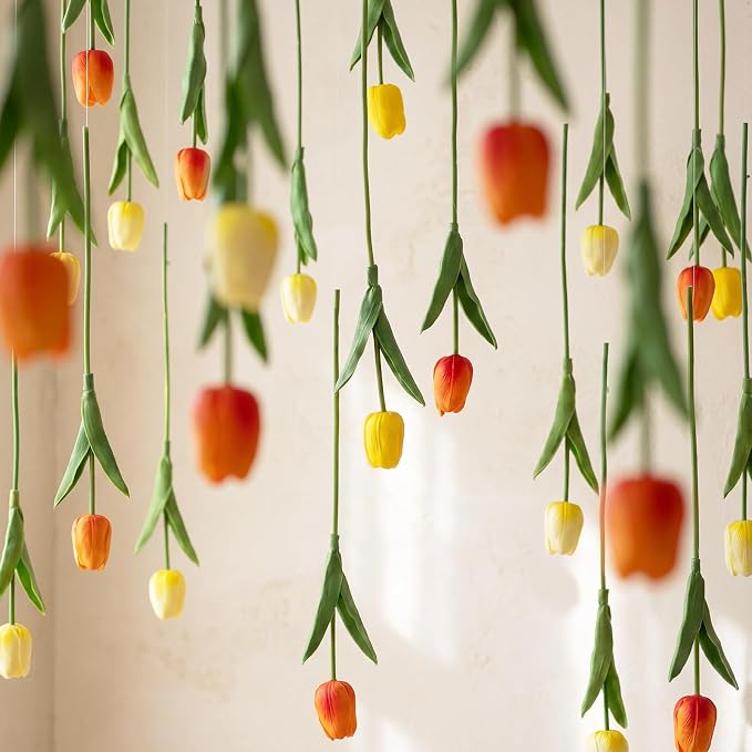 24 Pack Gradient Yellow 5 ft Artificial Tulips Hanging Flower Garland Decorations Spring Summer Dangling Faux Tulip Floral Vine Strings with Hooks for Wall Ceiling Wedding Tea Party
