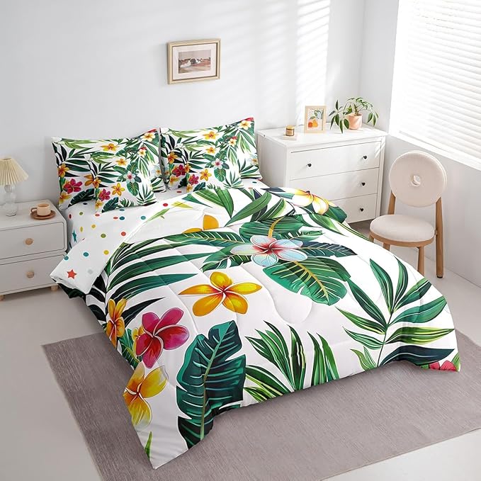 jejeloiu Palm Leaf Comforter Set with Sheets Twin Size 7 Pieces Kids Tropical Leaves Pattern Bedding Set for Boys Girls Summer Tree Branches Nature Theme Flowers Bed in a Bag Room Decor
