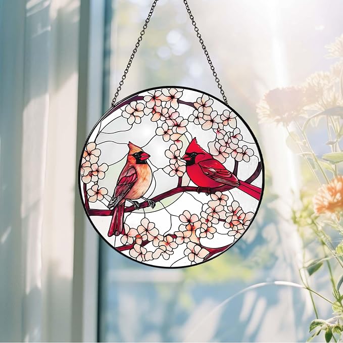 Cardinal Sun Catcher Stained Glass Window Hanging Cardinal Decor Gifts for Women Handmade Sun Catcher Decoration for Garden Home Housewarming Gift Valentine's Day Gifts（6 inch）