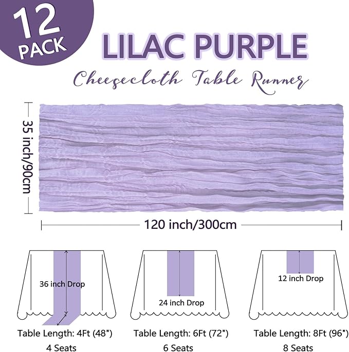 12 Pack Lilac Purple Cheesecloth Table Runner 10Ft Spring Lavender Gauze Cheese Cloth Table Runner 35x120 Inch Boho Sheer Rustic Fabric for Party Decor Baby Shower Wedding Decorations