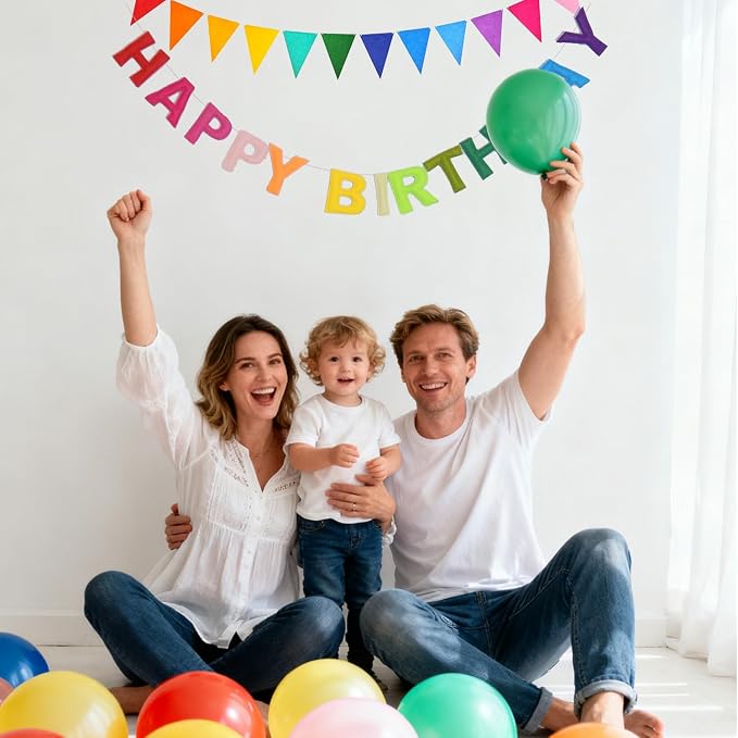 Pre-Strung Happy Birthday Decoration, Fabric Felt Birthday Banners Poms Pom Party Garland Felt Pennant Flag With 10PCS Honeycomb Balls, Reusable Party Celebrations
