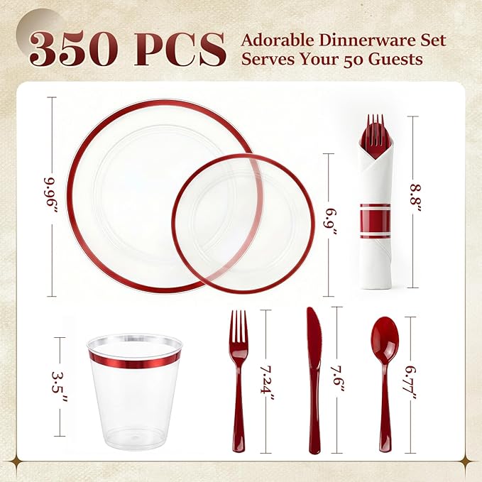 350pcs Plastic Plates for Party Clear & Red | Disposable Plastic Dinnerware Set for 50 Guests Include 100 Plastic Plates,50 Cups & 50 Pre Rolled Napkins with Cutlery Set