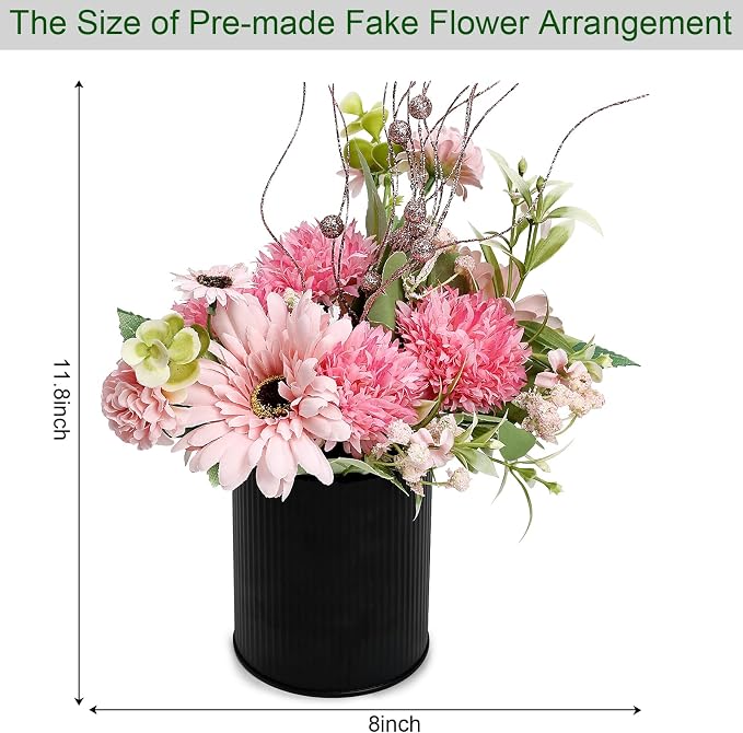 Artificial Flowers Table Centerpieces - Set of 6 Pre-Made Daisy Floral Arrangements with Rustic Metal Black Vase for Birthday, Baby Shower, Party, Home Decorations - Hot Pink & Rose Gold