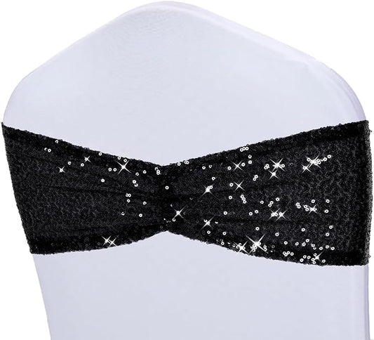 Poise3EHome Black Sequin Chair Sashes,Folding Chair Cover Bands for Wedding Party Ceremony Banquet Decorations, 20 PCS