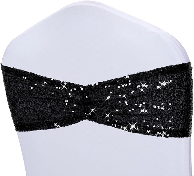 Poise3EHome Black Sequin Chair Sashes 50 Pack,Double Sided Glitter Folding Chair Cover Bands for Wedding Baby Shower Party Ceremony Banquet Reception Decorations