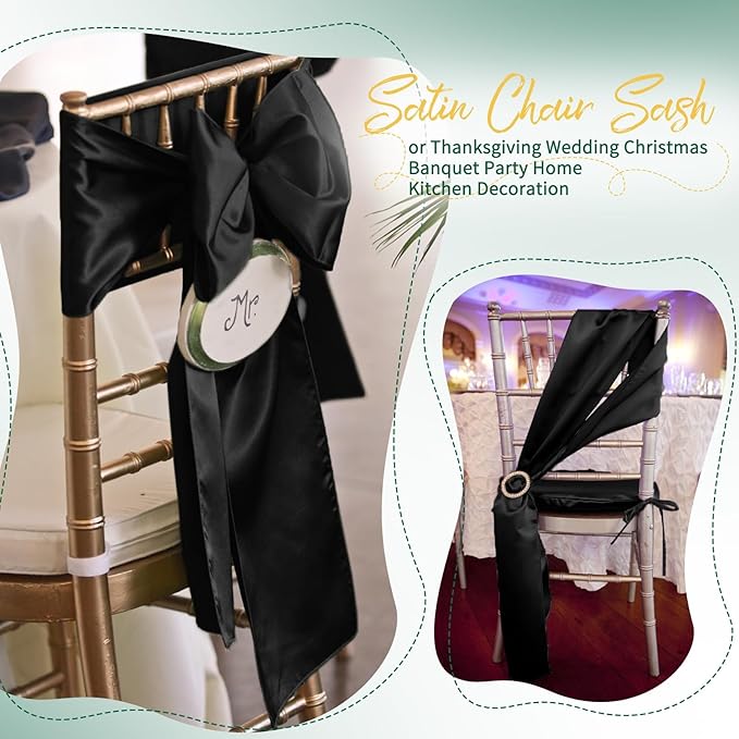 60 PCS Black Satin Chair Sashes, Ties Bows Designed Chairs Decorative, Chair Cover Sashes for Thanksgiving Wedding Christmas Banquet Party Home Kitchen Decoration (7 x 108 inch)