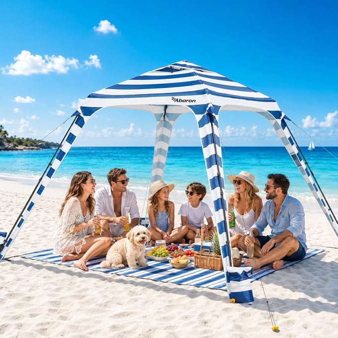Slsy Beach Tent, 100 Sq.Ft. UPF 50+ Sun Shelter Canopy Cabana, Wind-Resistant Beach Shade with Sandbags, Stakes & Guy Lines, Easy Setup Outdoor Shelter for 6 People