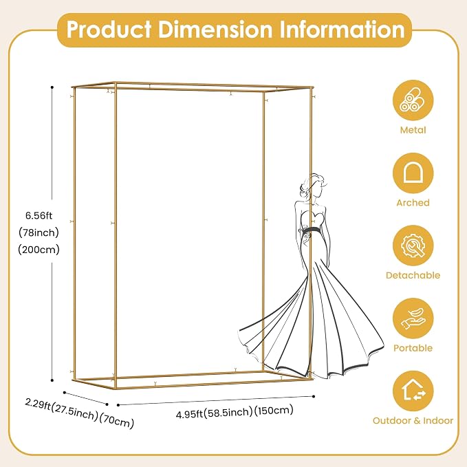 4.95 * 6.56 FT Backdrop Frame Stand, Wedding Decor Metal Arbor Flower Stand, Balloon Arch Backdrop, Golden