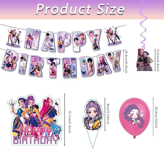 48Pcs Demon Movie Hunters Birthday Party Supplies, Party Decorations Set Include Banner, Balloons, Hanging Swirls, Cake Cupcake Toppers, Tablecloth for Boys Girls Demon Hunters Theme Party