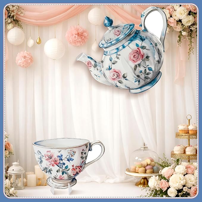2 Pcs Large Wonderland Tea Party Decoration 23'' x 27'' Wonderland Garden Yard Sign Life Size Teapot Teacup Cardboard Cutout Stand Vintage Photo Prop for Birthday Wedding Bridal Shower Decor