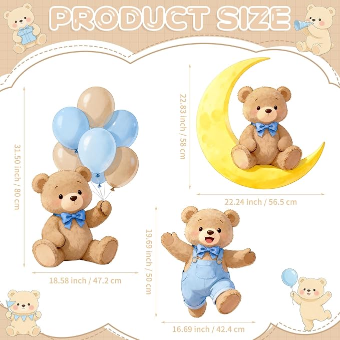 3Pcs Blue Bear Baby Shower Decorations, Large Moon Bear Cardboard Cutout Standup with Yard Stakes & Stands for Boy Bear Birthday Indoor Outdoor Photo Booth Props Cartoon Party Supplies