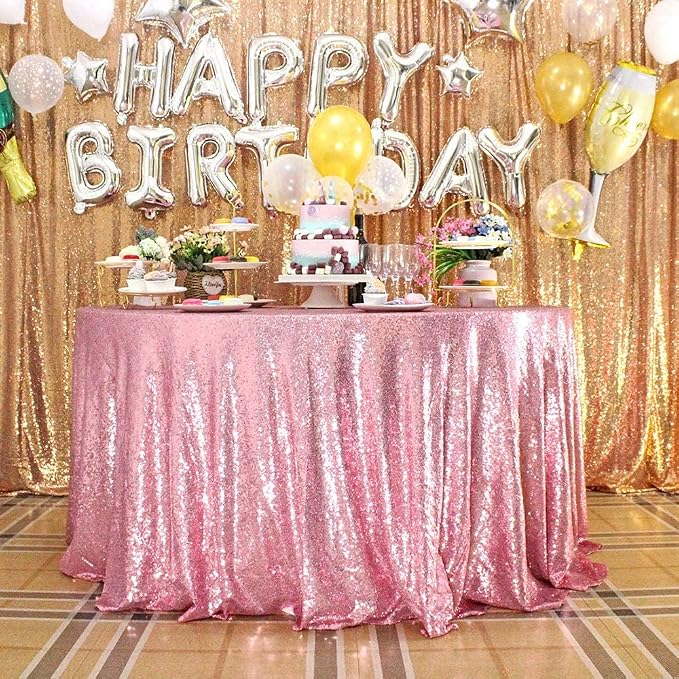 Rose Pink Glitter Sequin Tablecloth 132'' Round for Party, Outdoor, Birthday, Wedding Decorations