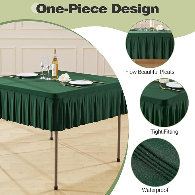Shillance 34x34 Inch Green Spandex Square Tablecloth,Wrinkle Free Green Fitted Table Cloth for Square Tables,Washable Pleated Table Cover for Wedding Birthday Cocktail Party Buffet Dinner Camping