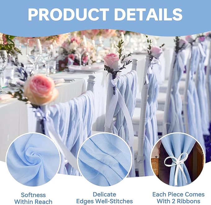 Soft Dusty Blue Shimmery Chiffon Table Runner 35x120 Inches 12 Pack Bulk for Thanksgiving Christmas Bulk Party Table Decor