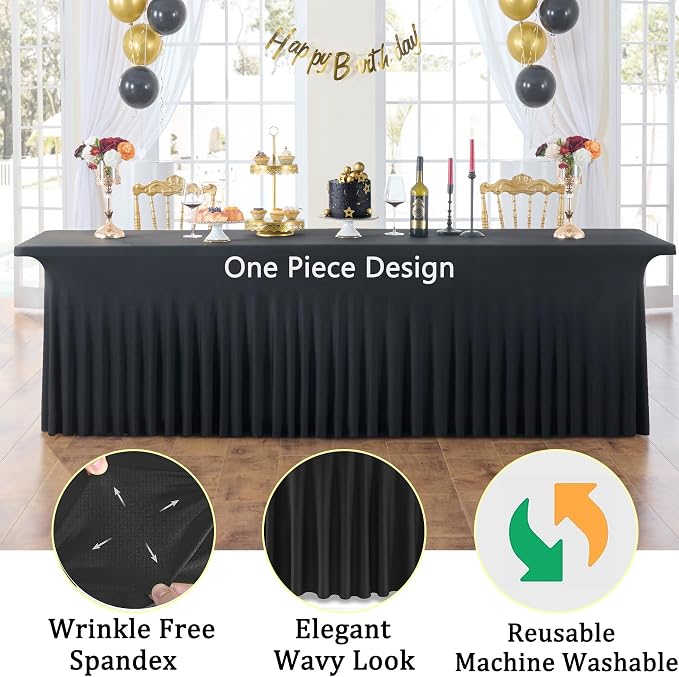 8 Pack Spandex Black Table Clothes for 8 Foot Rectangle Tables, Wrinkle Free Stretch Table Cloths 8FT, Fitted Table Cover Desk Skirt for Parties Weddings Birthday Banquet Events
