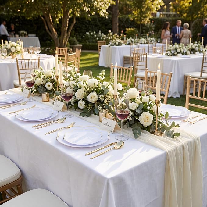 supernal 60pcs White Scalloped Plastic Plates with Gold Trim,Heavy Duty Elegant Disposable Plates Includes: 30 Gold Dinner Plate and Dessert Plate Perfect for Wedding, Bridal Shower Mother's Day