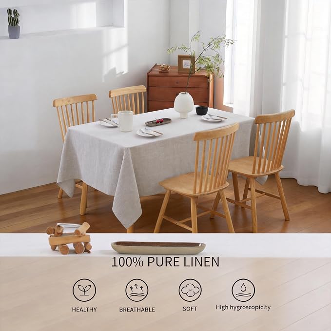 100% French Flax Linen Tablecloths Rectangle 120Lx60W Inch for Dinners, Parties, Easter, Halloween, Camping, Stone Washed, Textured, Machine Washable, 10-12 Sets (60''x120'', Natural Linen)