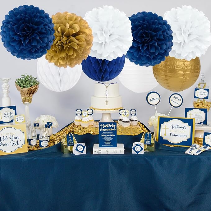 Navy Blue Gold White Paper Flowers Tissue Pom Poms Honeycomb Lanterns 15pcs Royal Party Decorations Birthday Wedding Baby Bridal Shower Bachelorette Graduation Hanging Supplies Mprocherify