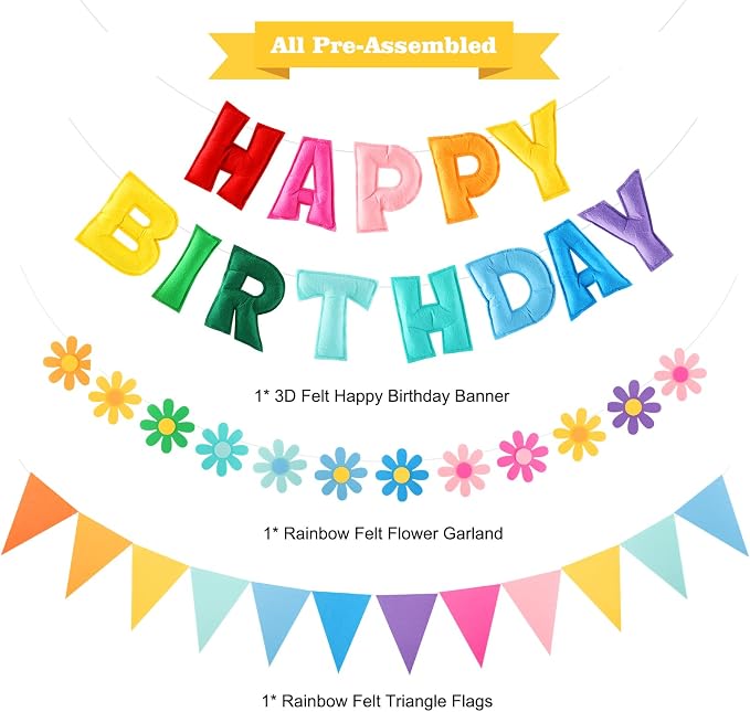 YEOCU Happy Birthday Decorations, No DIY, Pre-Strung 3D Banner | Rainbow, 3D felt banner, flower garland & flags. No DIY, reusable for kids & women.