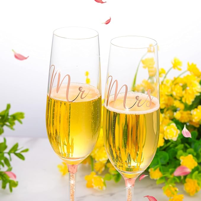 Boao 4 Piece Wedding Cake Knife and Champagne Flutes Server Set Mr and Mrs Toasting Flutes Crystal Rhinestone Cake Cutting Set for Bride and Groom Wedding Engagement Bridal Shower Gifts(Rose Gold)