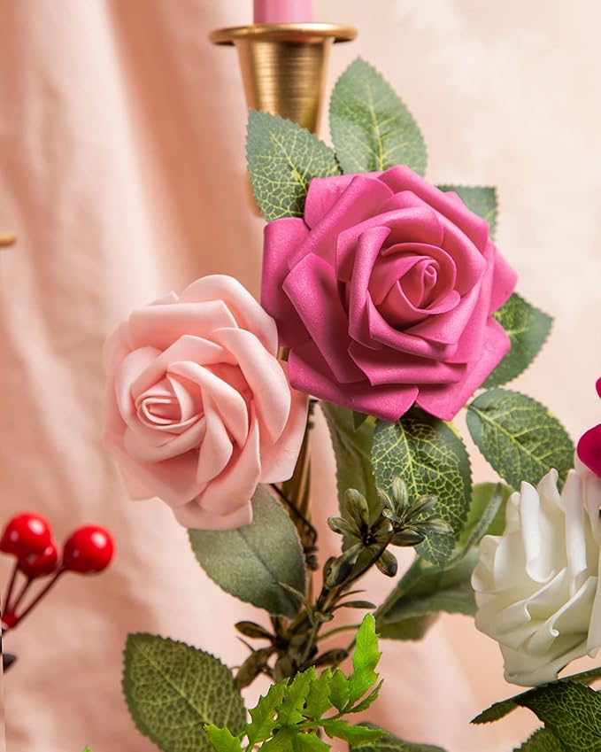DuHouse 25Pcs Artificial Roses Flowers Fake Roses with Stems Real Touch Foam Flowers for DIY Wedding Bouquet Centerpiece Floral Arrangement Party Home Decor(Peach)
