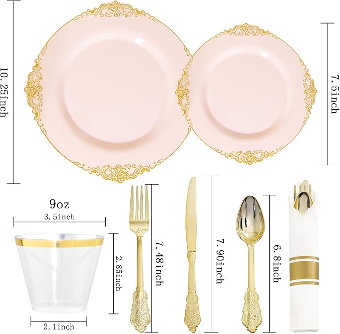 Nervure 175PCS Pink Plastic Plates - Disposable Pink Gold Party Plates & Pre Rolled Napkins with Cutlery for 25 Guests, 50Plates, 75Silverware, 25Cups, 25Napkin for Wedding & Party & Mother's Day