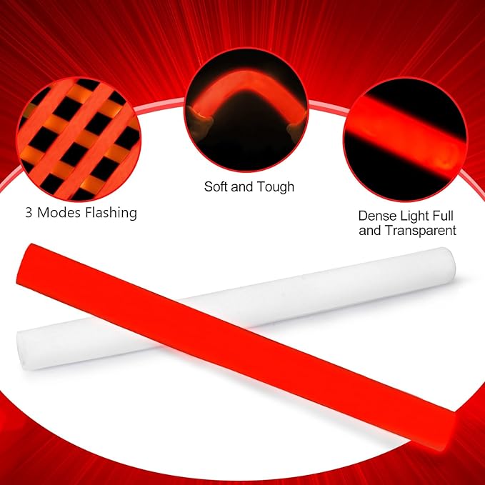 Glow Foam Wand, 36 Pcs Red Giant LED Light Up Sticks 3 Modes Flashing Baton Wands Party Supplies for July 4th, Raves,Concert ,Christmas, Halloween,Sporting Events